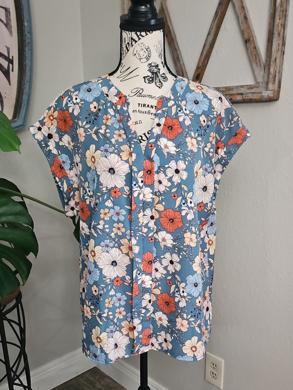 Floral V-Neck Short Sleeve Top Xl